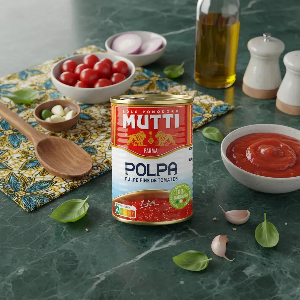 Boîte MUTTI de tomates concassées fines posée sur un plan de travail avec ingrédients frais, parfaite pour cuisine méditerranéenne.