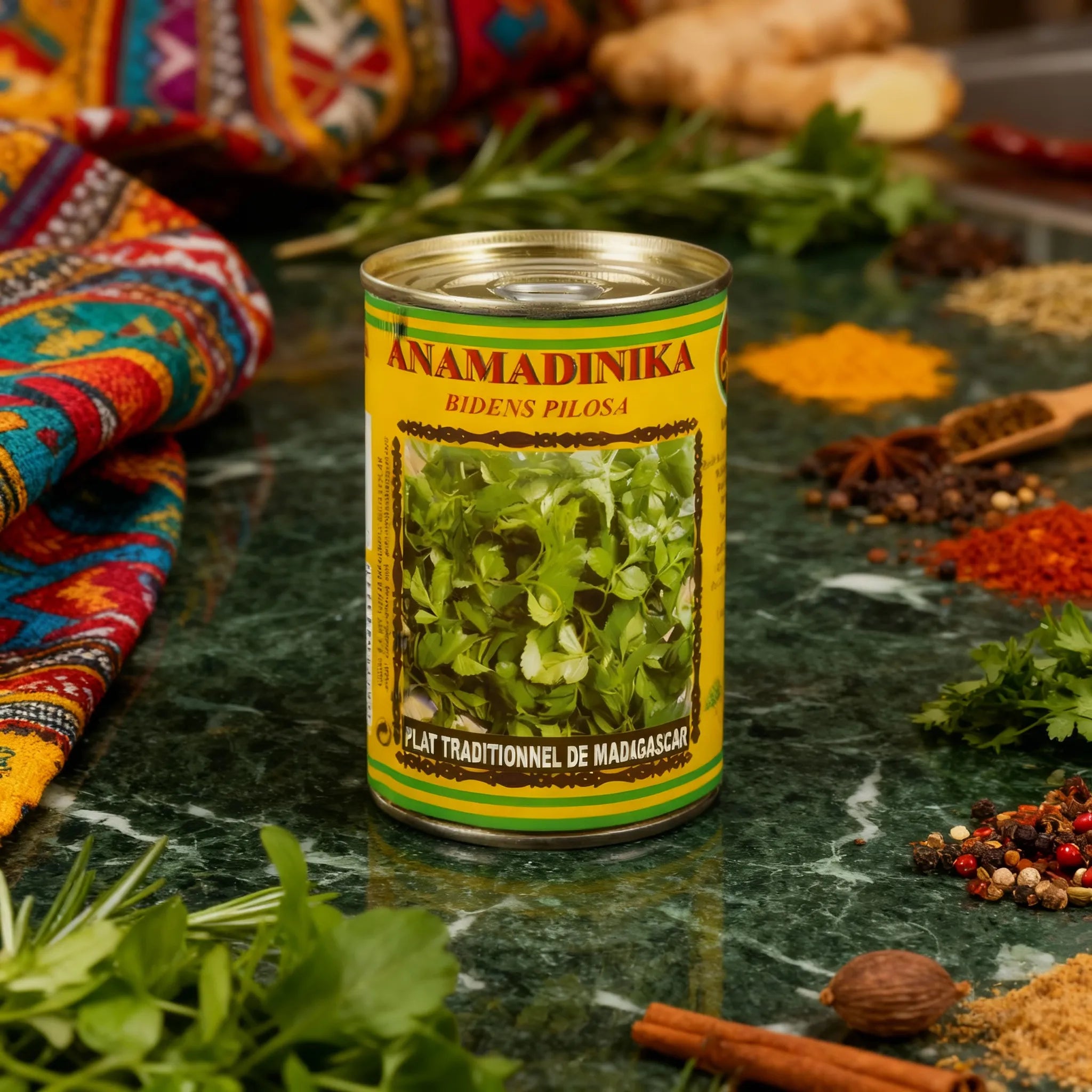 Boîte d’Anamadinika CODAL entourée d’épices et herbes, ingrédient authentique pour plats malgaches savoureux et exotiques.