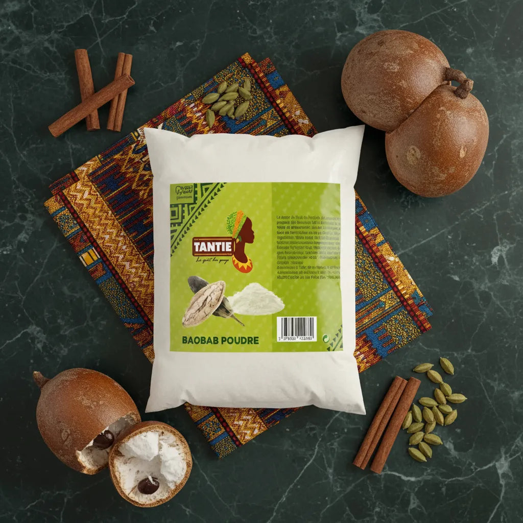Sachet de poudre de baobab TANTIE entouré de fruits de baobab, cannelle et cardamome, produit sec idéal pour cuisine et santé naturelle.