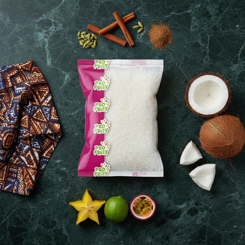 Sachet de coco râpée PROFRUIT entouré d'épices et fruits tropicaux, parfait pour plats sucrés ou salés à base de noix de coco râpée surgelée.