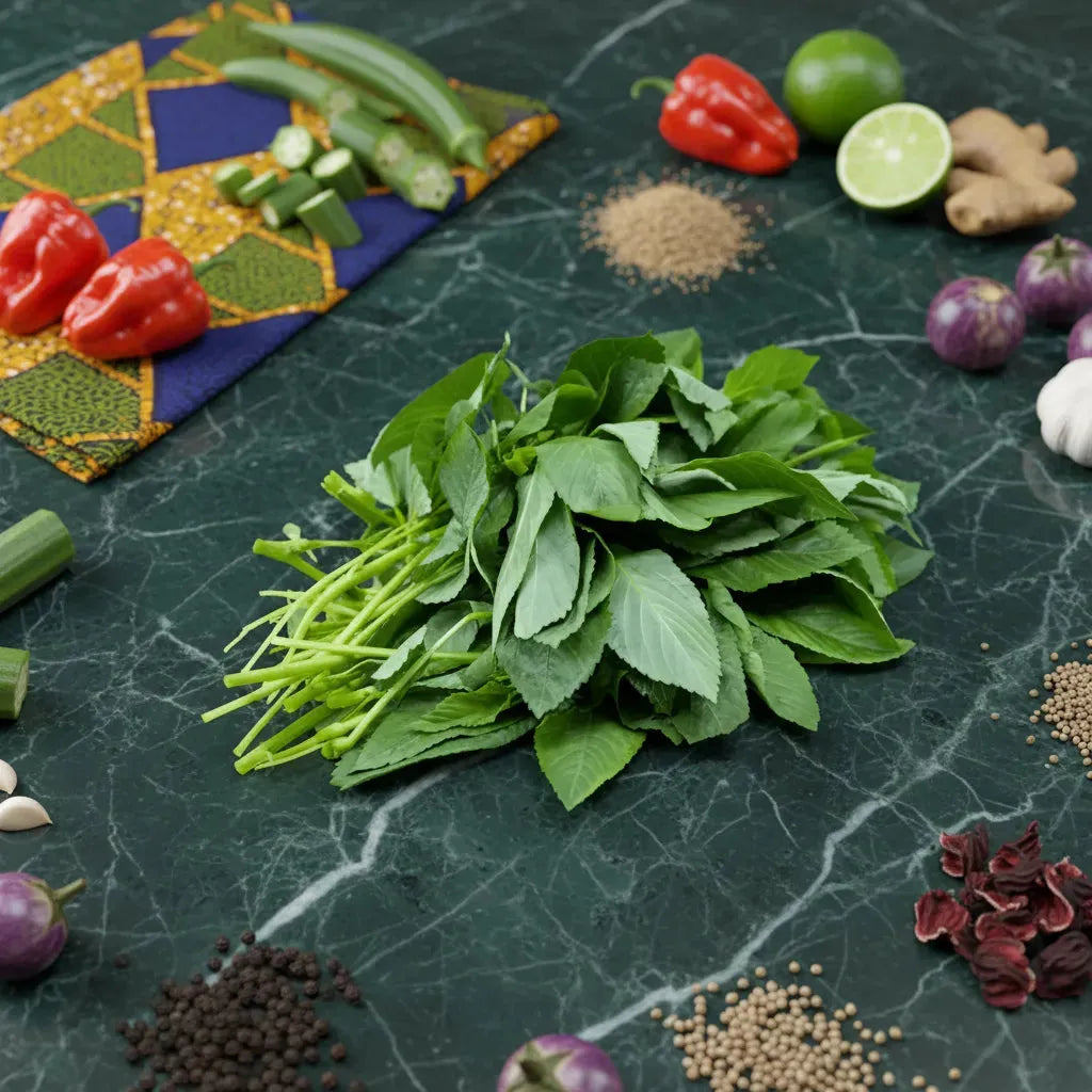 Feuille de jute comestible Lalo Ademe entourée d'ingrédients africains, parfaite pour recettes traditionnelles et plats végétariens.