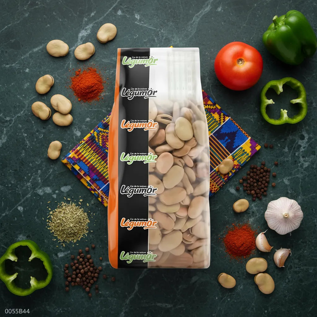 Sachet de fevettes décortiquées LEGUMOR entouré d'épices et légumes frais, produit d'épicerie salée prêt à cuisiner.