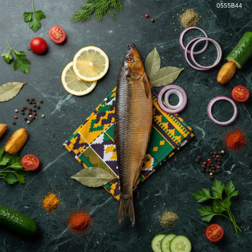 Hareng fumé salé présenté avec épices, légumes et tissu traditionnel. Produit de la mer au goût intense, parfait pour recettes exotiques.