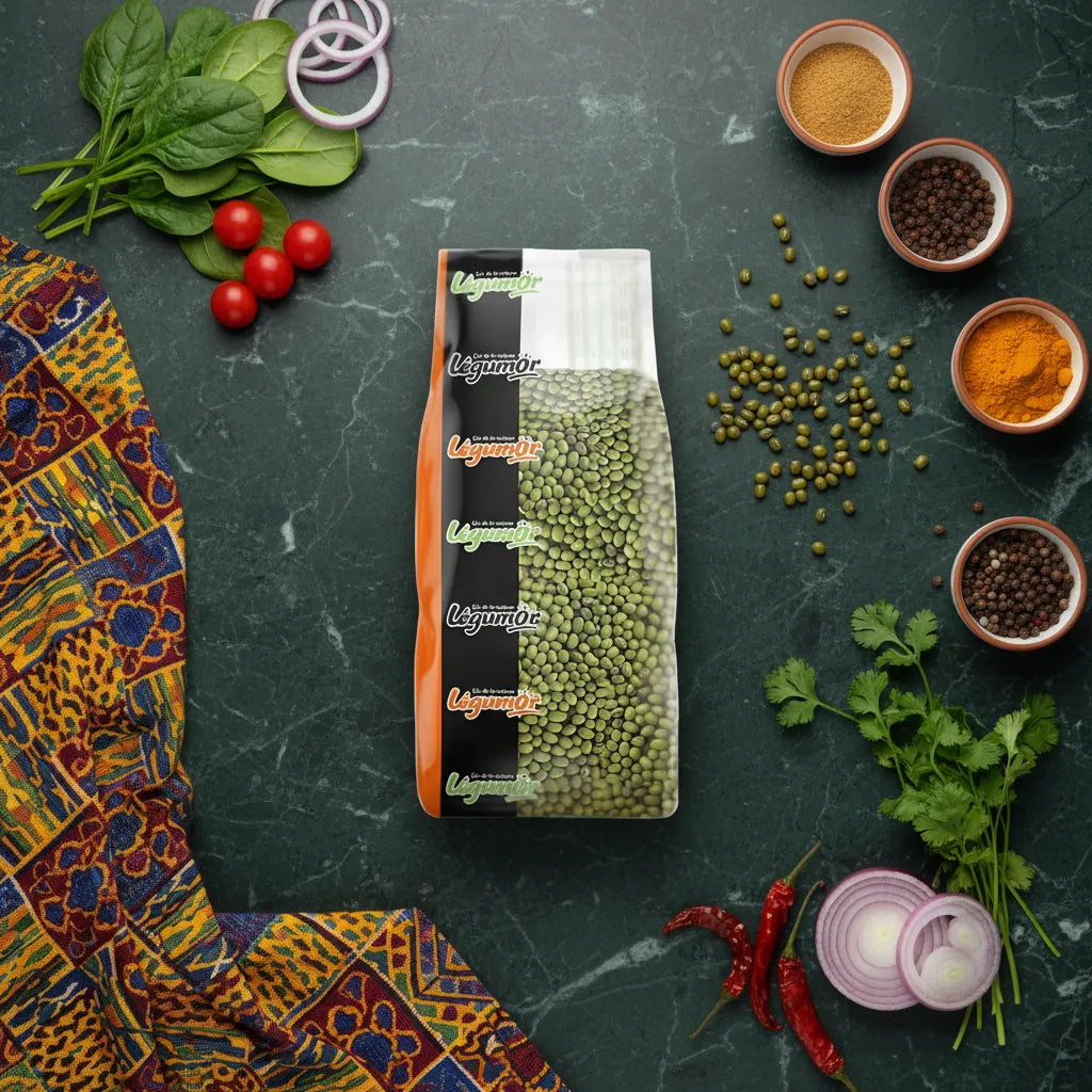 Sachet de haricots mungo LEGUMOR entouré d'épices et légumes frais, soulignant leur place dans une cuisine saine et variée.