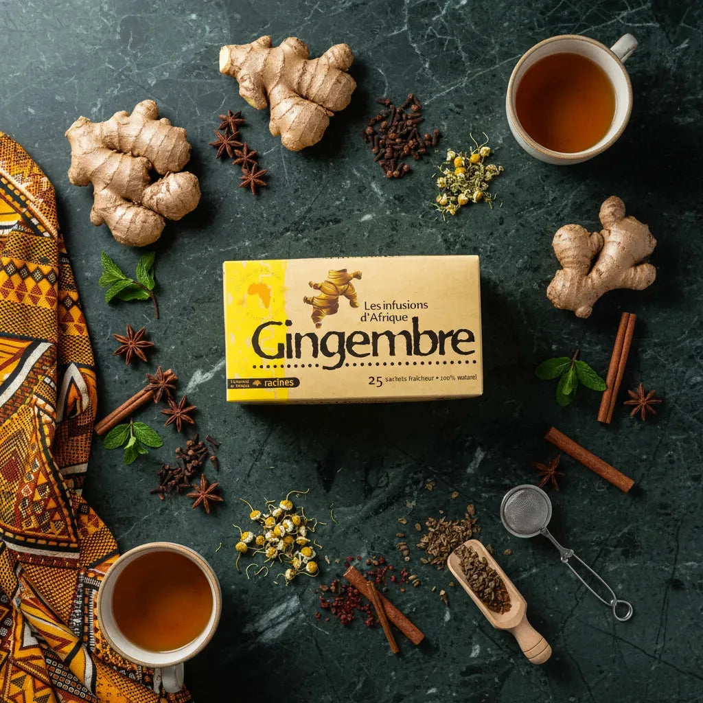 Infusion gingembre Afrique RACINES entourée d'ingrédients naturels comme gingembre, anis étoilé et camomille. Boisson chaude revitalisante.