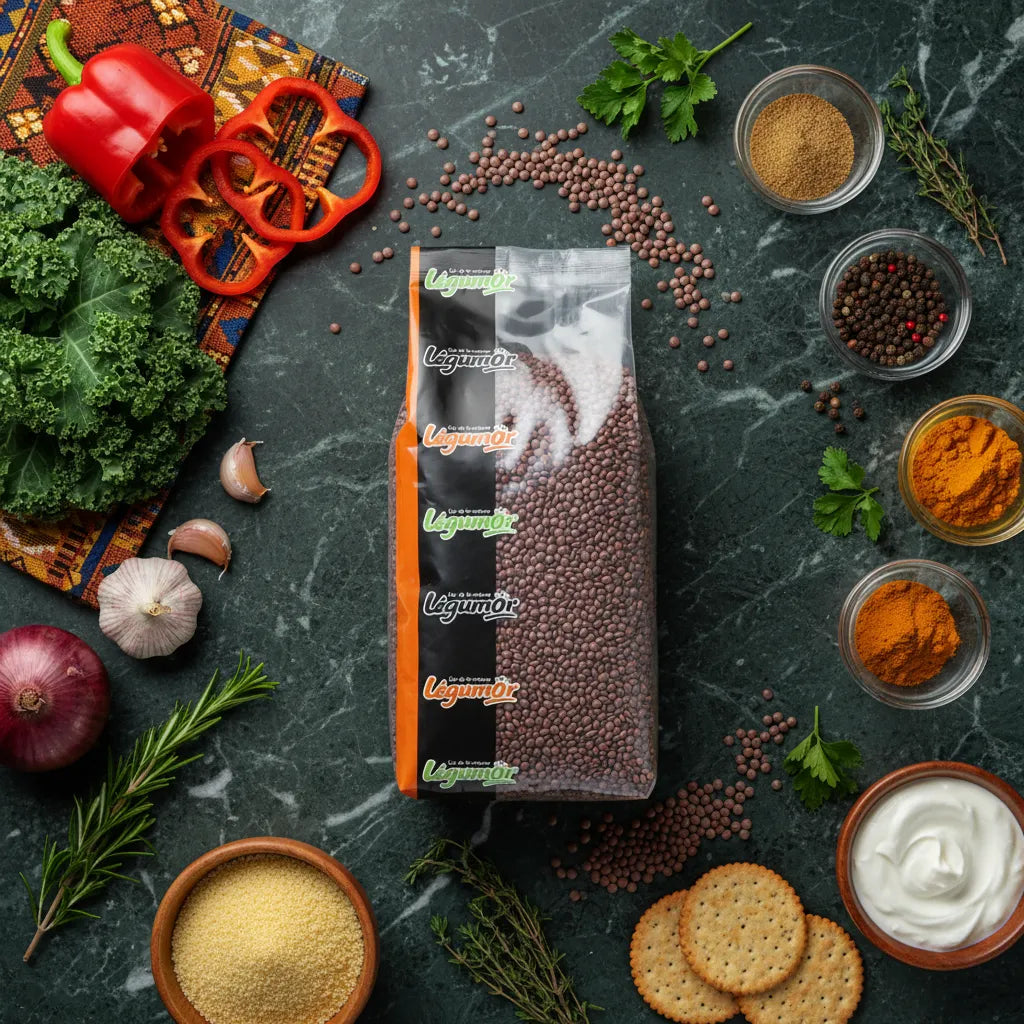 Sachet de lentilles rouges entières LEGUMOR entouré d'ingrédients frais et d'épices sur un plan de travail. Parfait pour recettes saines et savoureuses.