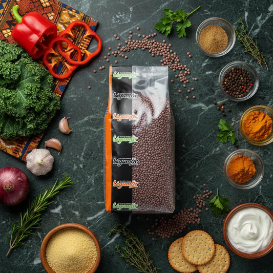 Sachet de lentilles rouges entières LEGUMOR entouré d'ingrédients frais et d'épices sur un plan de travail. Parfait pour recettes saines et savoureuses.