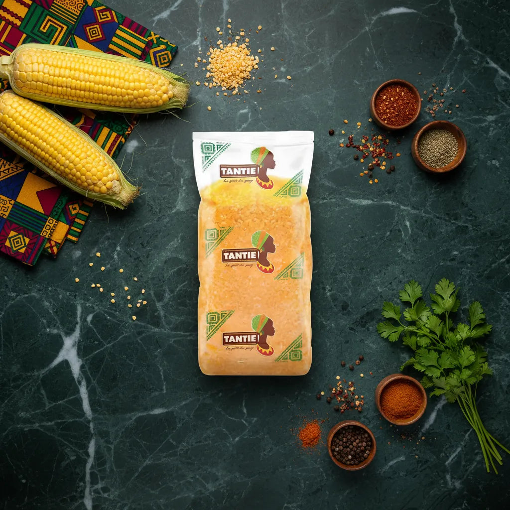 Sachet de maïs broyé Haïti TANTIE entouré d’ingrédients frais comme maïs, épices et herbes, idéal pour plats salés ou sucrés.
