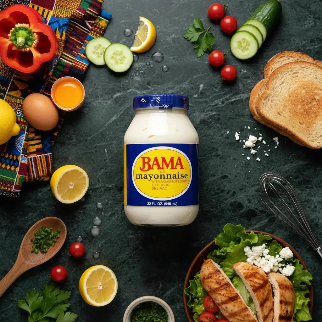 Pot de Mayonnaise BAMA entouré d'ingrédients frais comme légumes, œufs et citron, parfait pour salades et sauces maison.