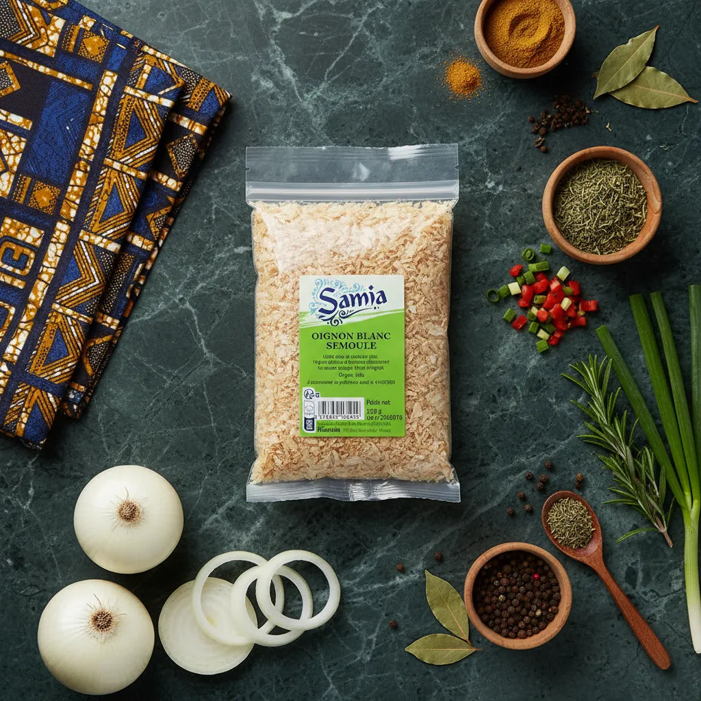 Semoule d'Oignon Blanc SAMIA entourée d'ingrédients frais et d'épices, parfaite pour rehausser vos plats salés au quotidien.