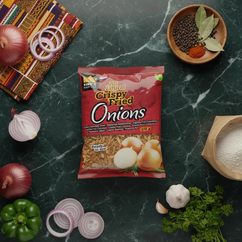 Sachet d'oignons frits King's Harvest entouré d'ingrédients frais sur plan de travail, parfait pour cuisine créative et épicerie salée.