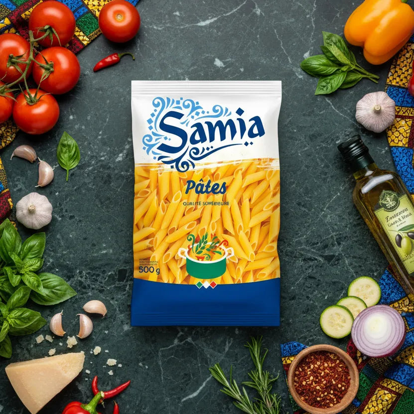 Sachet de pâtes Penne Rigate SAMIA entouré d'ingrédients frais comme tomates, ail et huile d'olive, parfait pour une cuisine savoureuse.