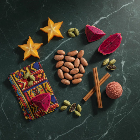 Noix de petit cola entourées de fruits exotiques et d’épices, mettant en valeur son usage en cuisine et ses saveurs uniques.