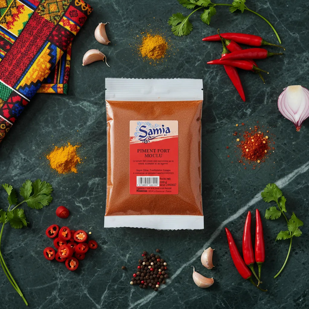 Piment fort moulu SAMIA entouré d’ingrédients frais sur fond vert, parfait pour cuisine épicée et recettes traditionnelles.