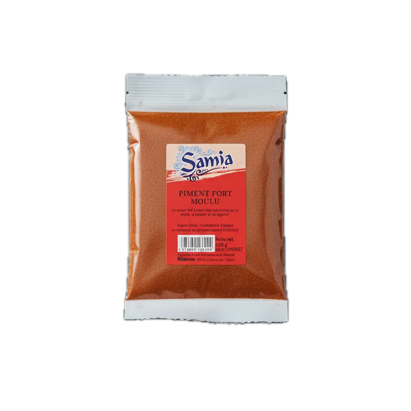 Piment fort moulu SAMIA - Saveurs Épicées Authentiques en sachet transparent de 100g, parfait pour relever vos plats en épicerie salée.