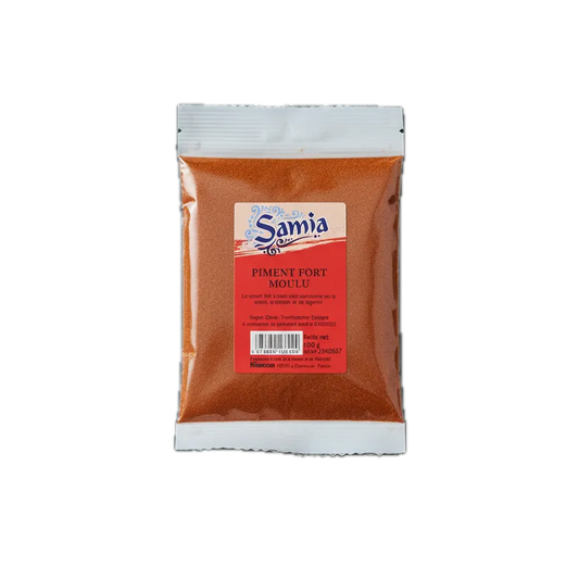 Piment fort moulu SAMIA - Saveurs Épicées Authentiques en sachet transparent de 100g, parfait pour relever vos plats en épicerie salée.