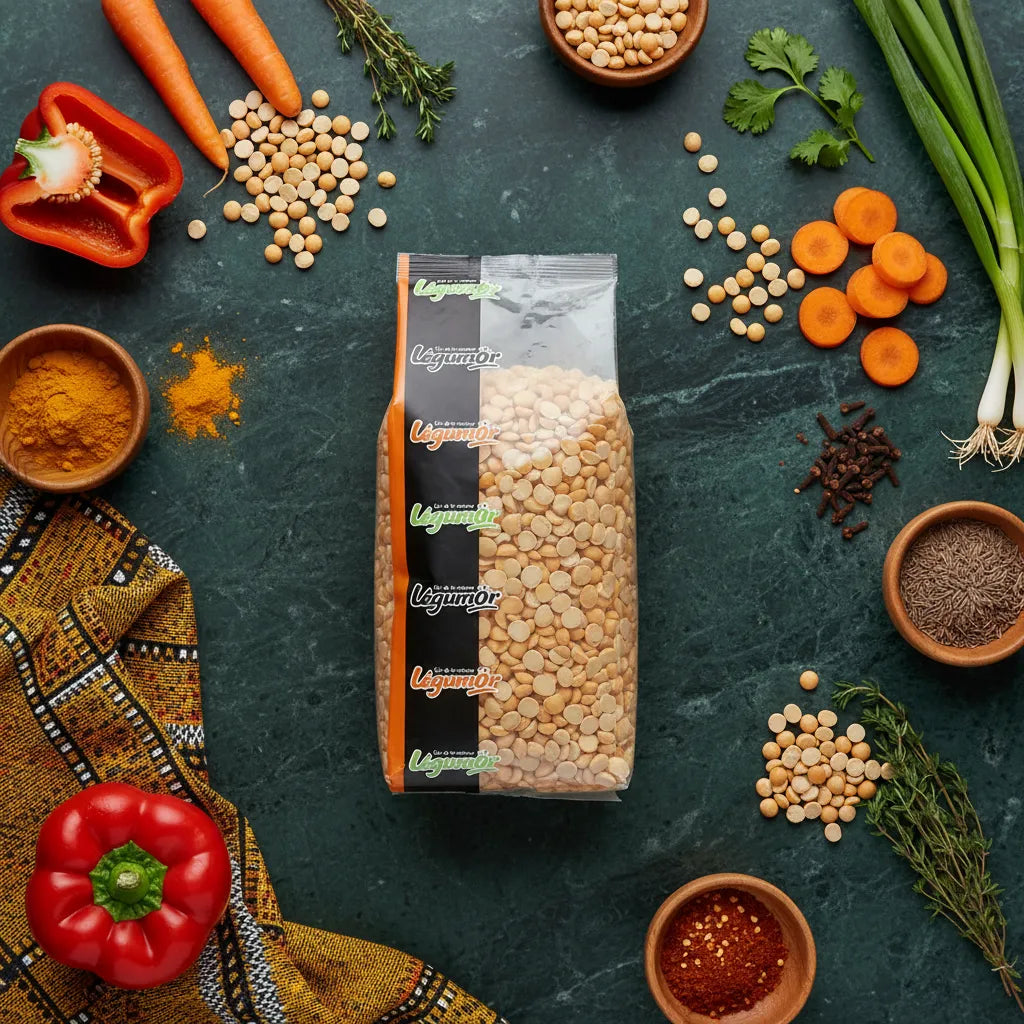 Pois cassé jaune LEGUMOR entouré d'ingrédients frais, légumineuse sèche idéale pour plats végétariens et cuisine du monde.