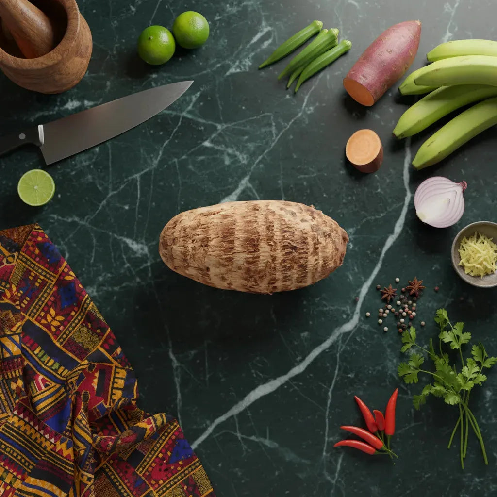 Tubercule taro posé sur une table avec ingrédients frais comme banane plantain, piments et citron vert. Idéal pour recettes exotiques.