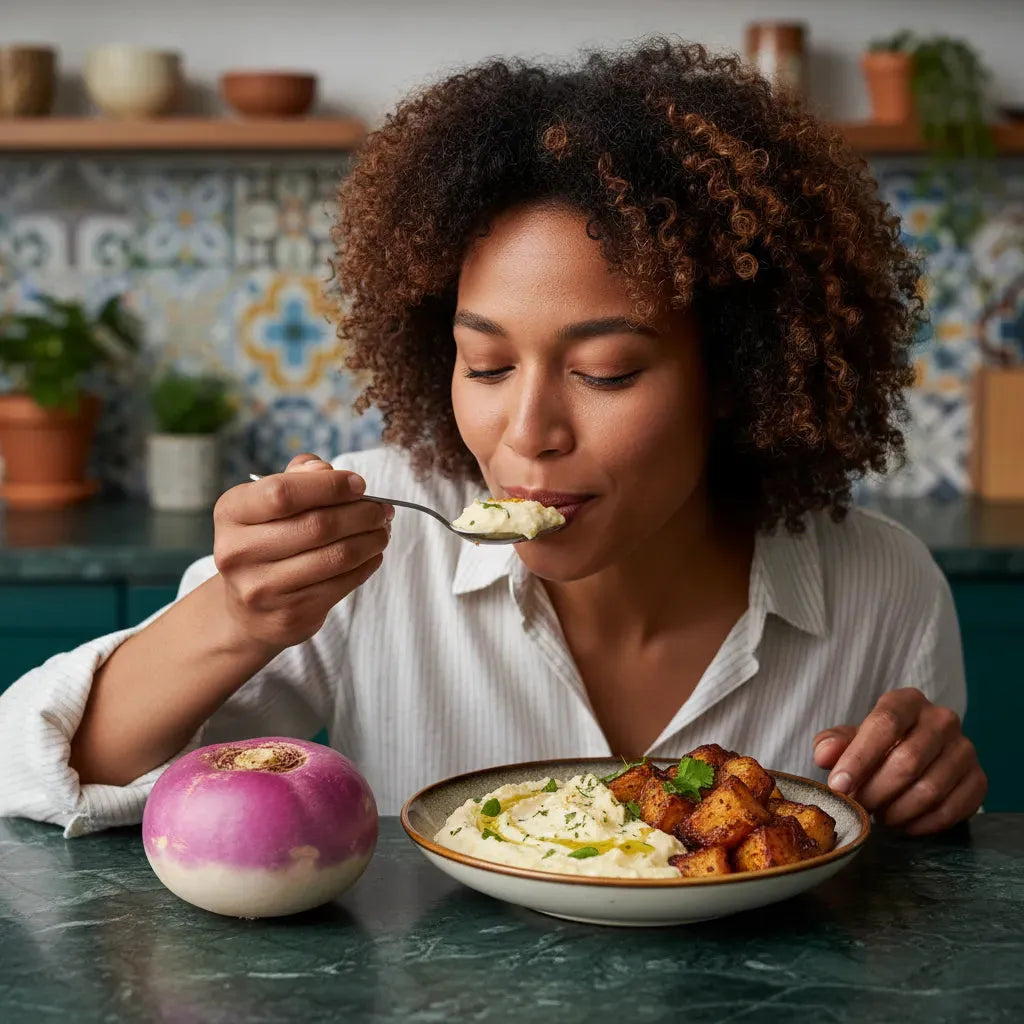 Femme dégustant un plat à base de navet légume frais, accompagné de légumes rôtis, mettant en valeur sa saveur douce et nutritionnelle.