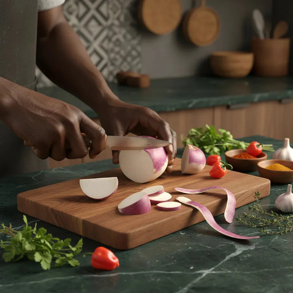 Préparation culinaire avec découpe de navet légume frais sur planche en bois, illustrant sa texture croquante et sa fraîcheur.