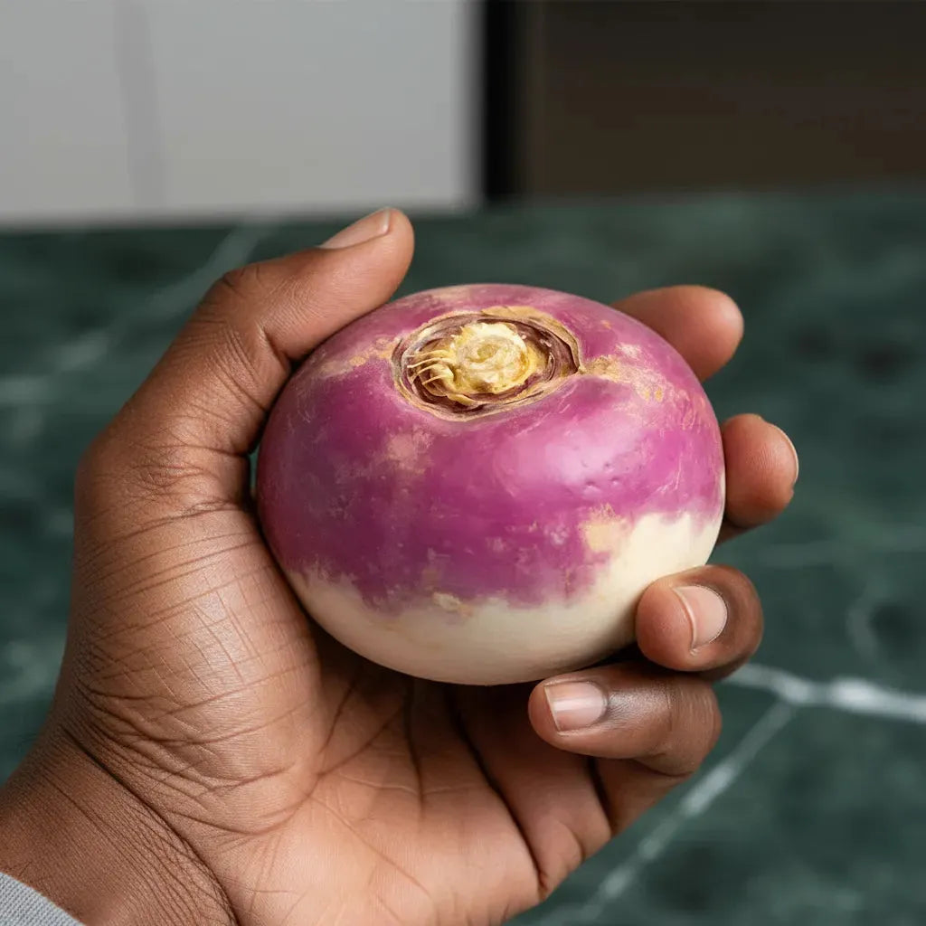 Main tenant un navet légume frais violet et blanc, soulignant sa qualité, fraîcheur et bienfaits nutritionnels pour la cuisine quotidienne.