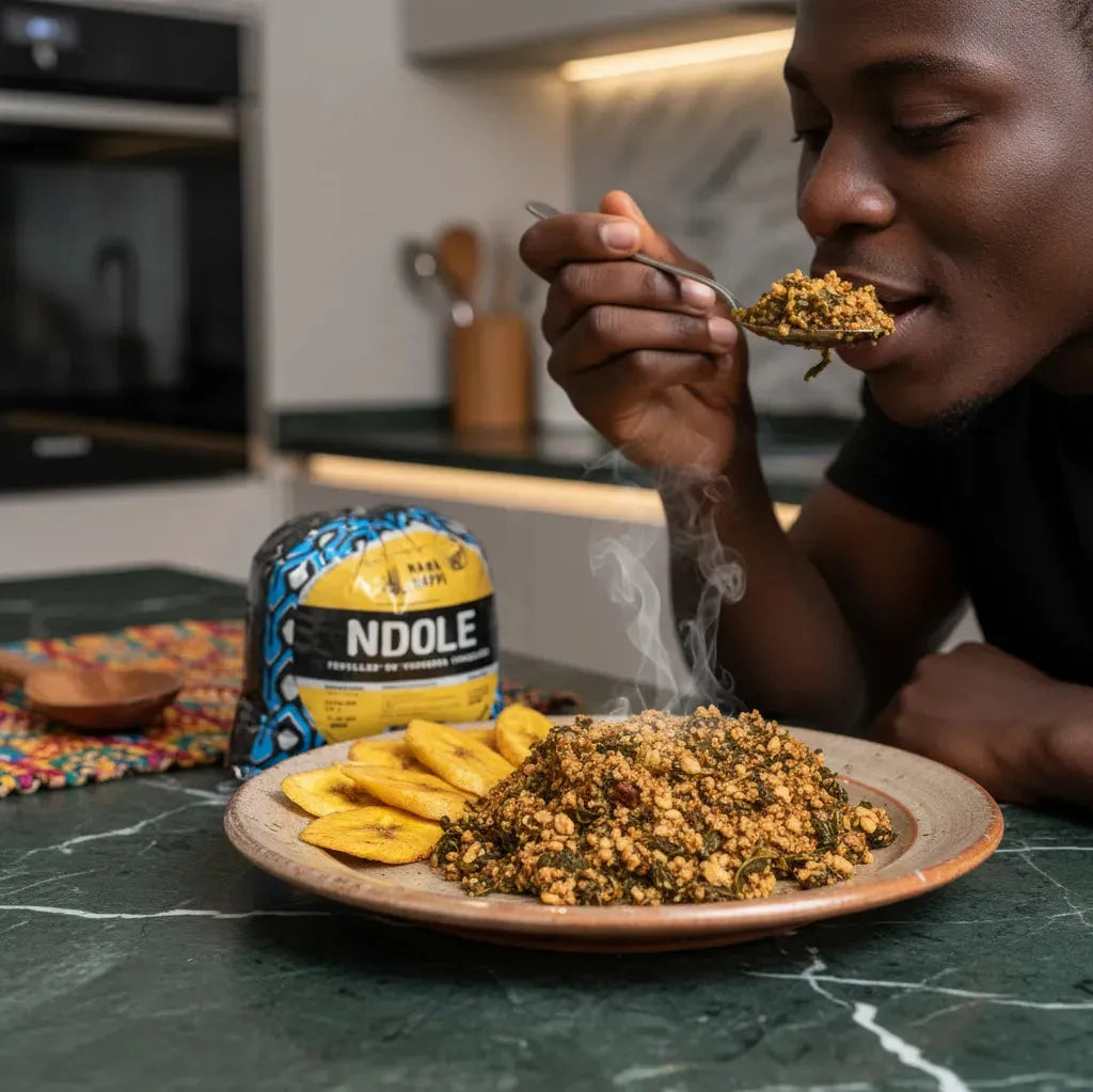 Plat de Ndolé camerounais servi avec bananes plantains, préparé avec feuilles de Ndolé Mama Happi surgelées, prêt à déguster.