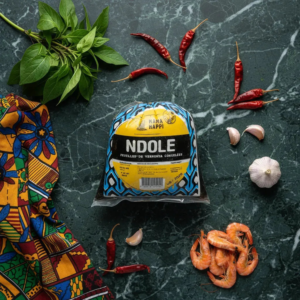Feuilles de Ndolé Mama Happi surgelées entourées d’ingrédients frais comme crevettes, piments et ail pour cuisine africaine.
