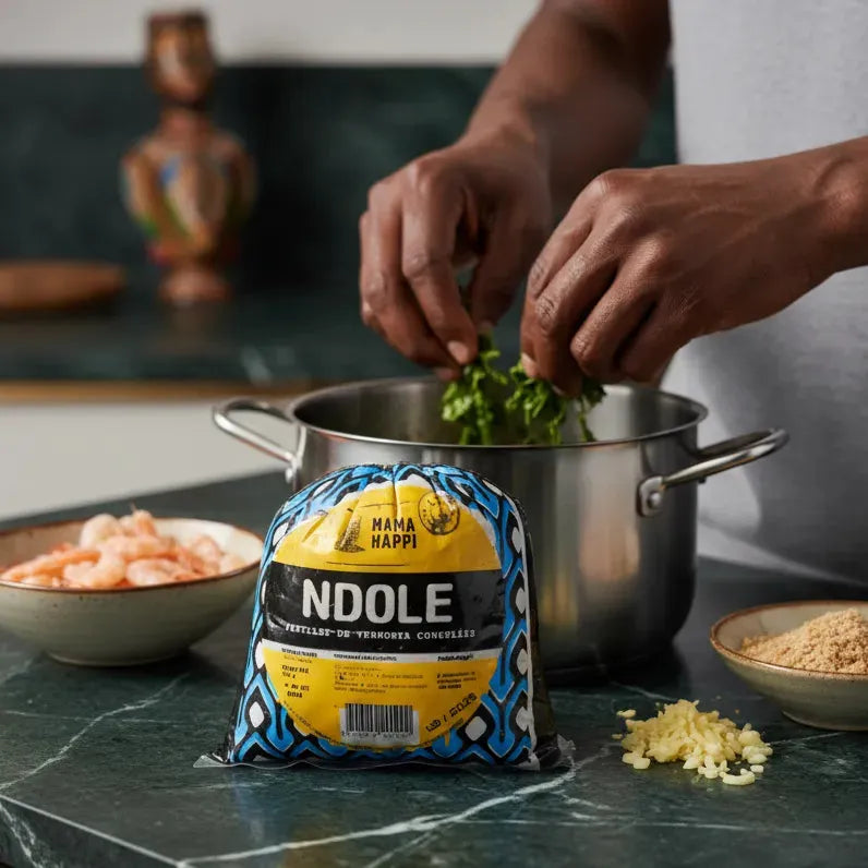 Préparation culinaire avec feuilles de Ndolé Mama Happi surgelées, ingrédient clé pour recettes traditionnelles camerounaises.