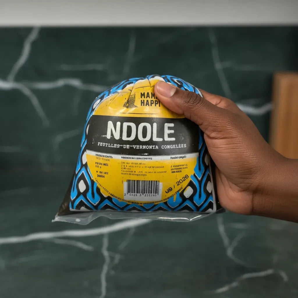 Main tenant un sachet de feuilles de Ndolé Mama Happi surgelées, parfait pour plats africains riches en saveurs authentiques.