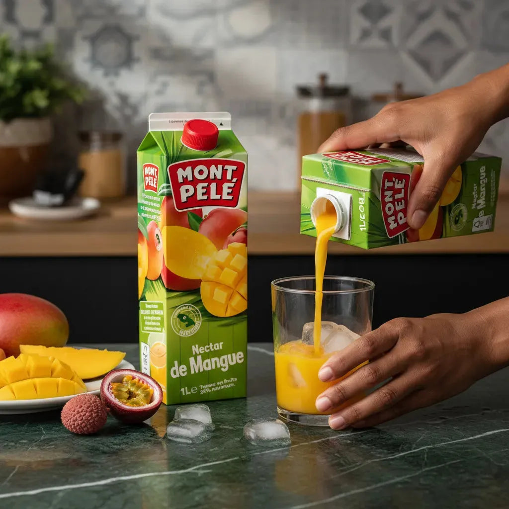 Versement du nectar de mangue MONTPELÉ dans un verre avec glaçons, entouré de mangue et fruit de la passion, boisson tropicale.