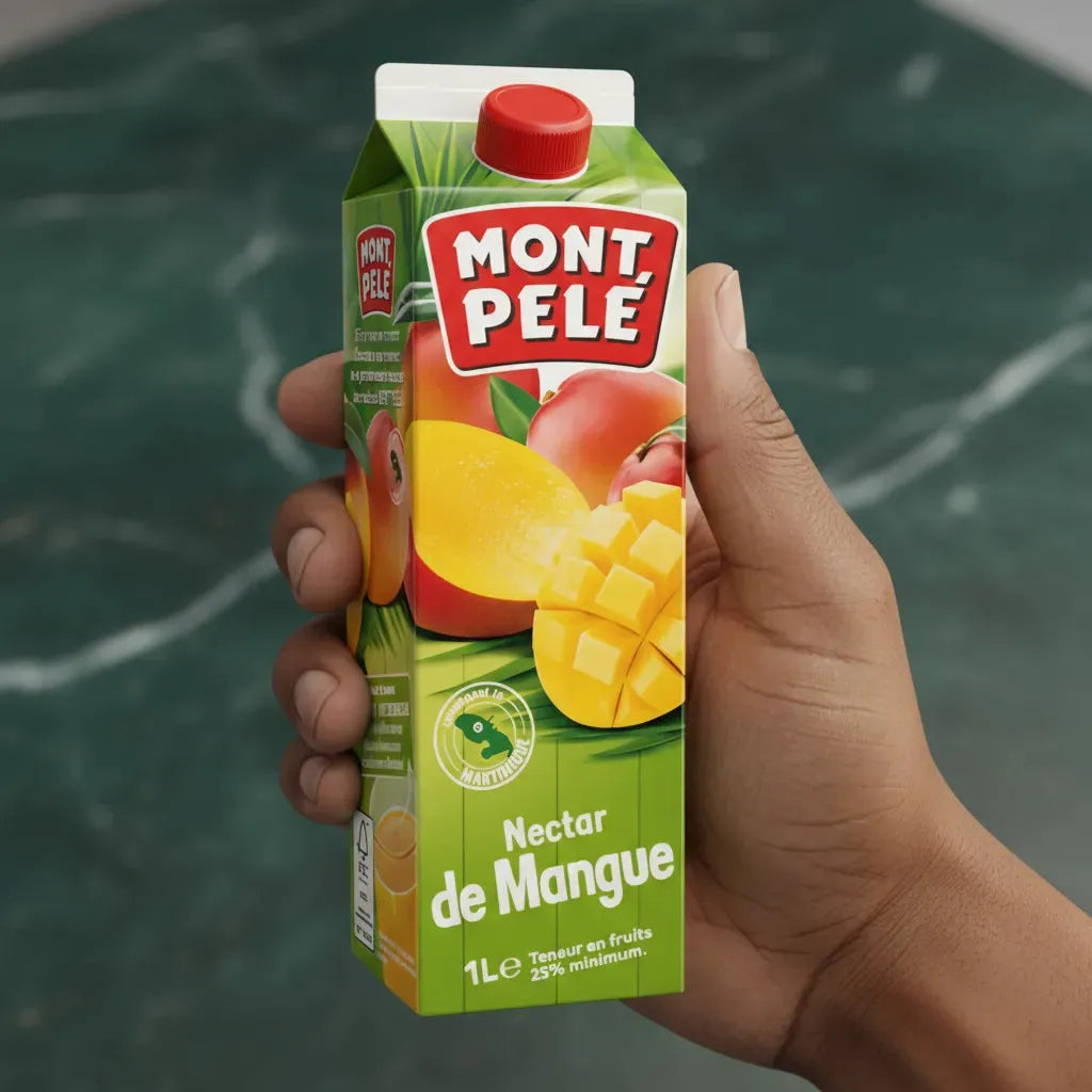 Main tenant une brique de nectar de mangue MONTPELÉ 1L, boisson tropicale à base de mangues sélectionnées, riche en goût.