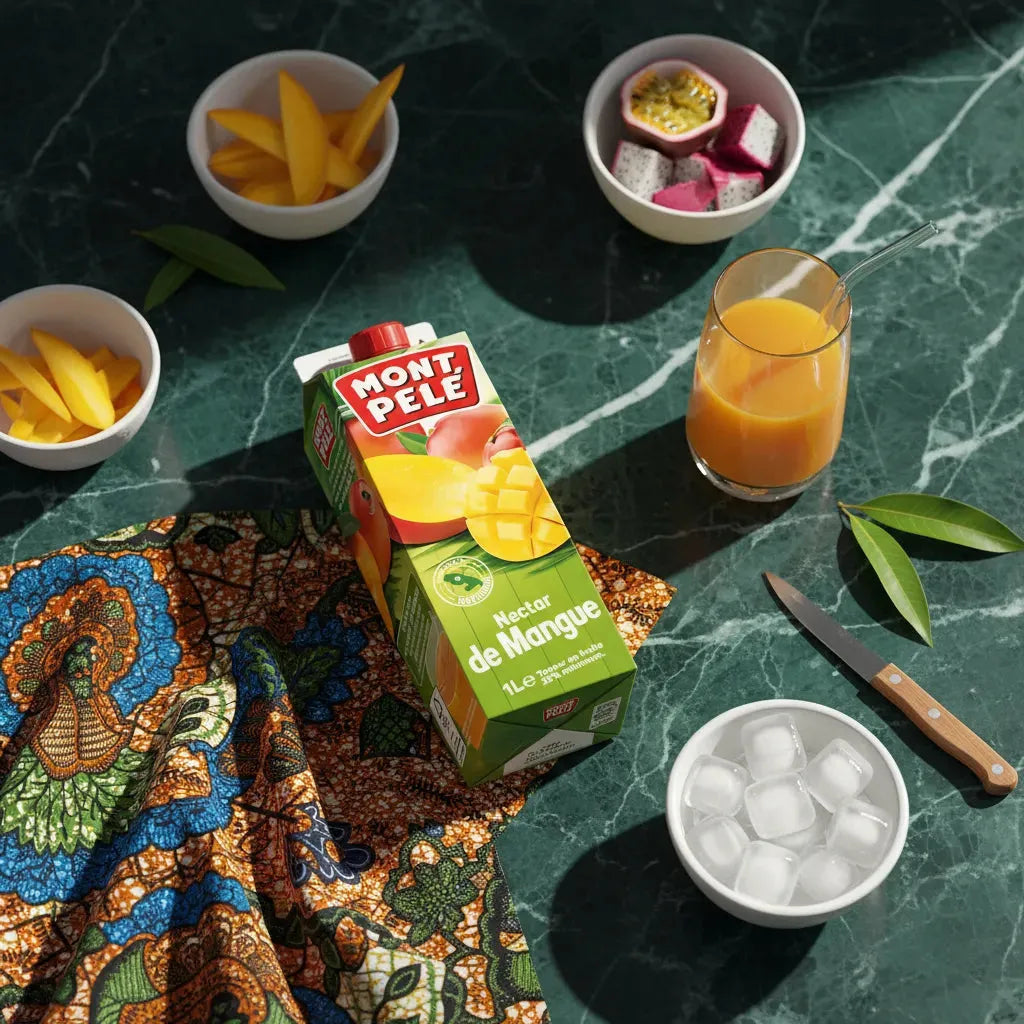 Brique de nectar de mangue MONTPELÉ sur table avec fruits tropicaux, glaçons et verre de jus, boisson exotique rafraîchissante.
