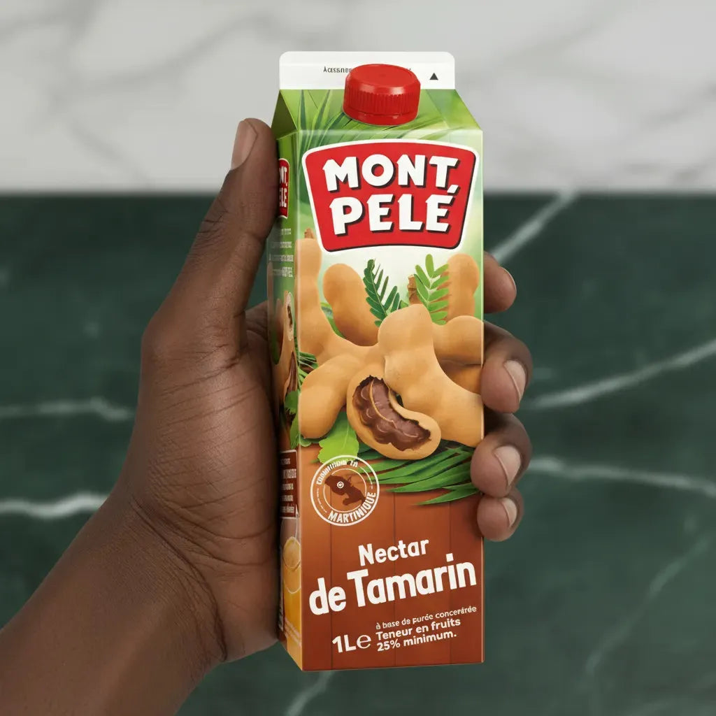 Main tenant une brique de Nectar Tamarin MONTPELÉ 1L, boisson douce et acidulée à base de tamarin, parfaite pour les amateurs de saveurs tropicales.