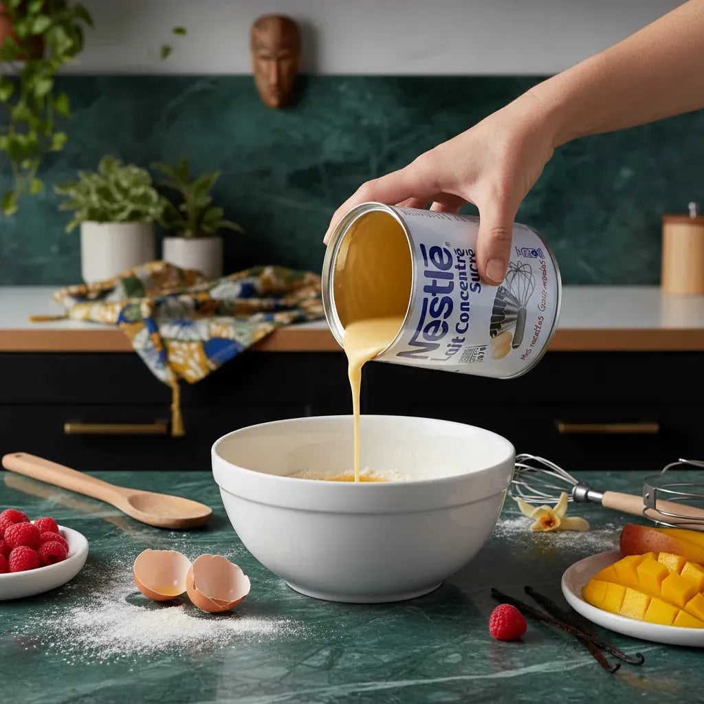 Versement du lait concentré sucré NESTLÉ dans un saladier - Texture riche pour sublimer desserts et préparations sucrées maison.