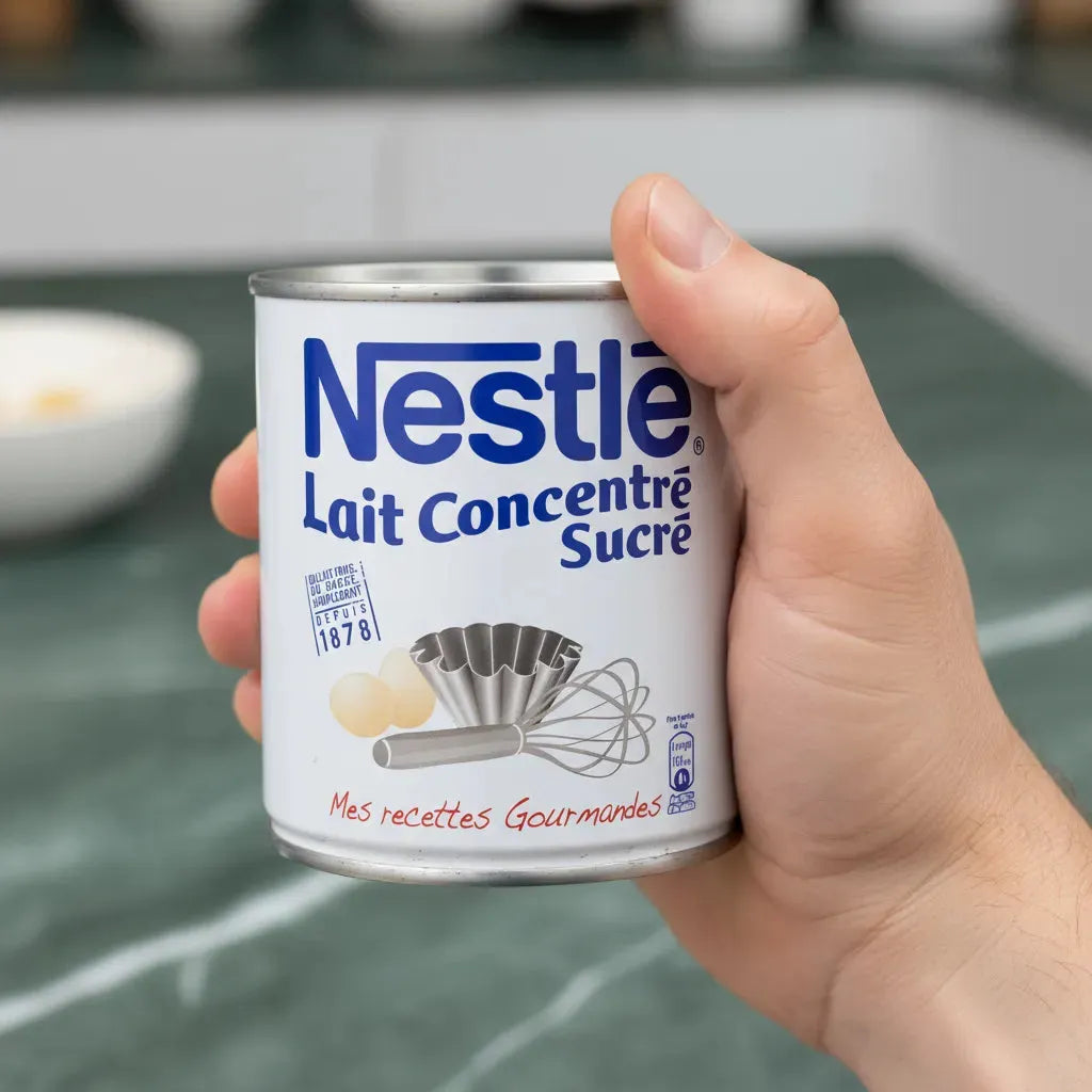 Main tenant une boîte de lait concentré sucré NESTLÉ - Pour desserts maison, ingrédient phare en épicerie sucrée et pâtisserie.