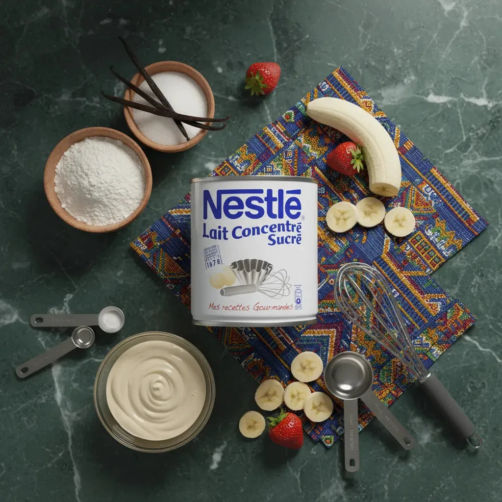 Lait concentré sucré NESTLÉ entouré d'ingrédients pâtissiers comme banane, fraises, farine et vanille - Idéal pour recettes sucrées.