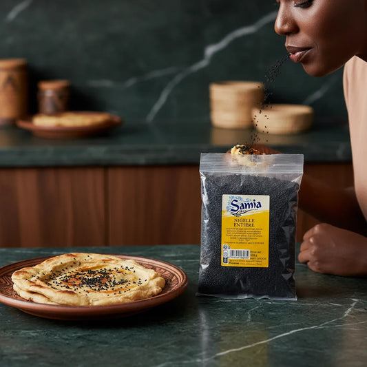 Femme dégustant un plat garni de graines de nigelle SAMIA, ingrédient aux vertus nutritionnelles et goût intense pour épicerie salée.