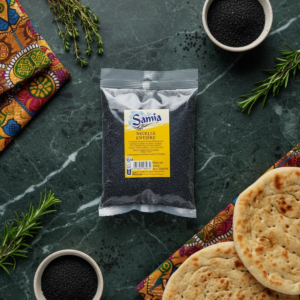 Graines de nigelle SAMIA présentées avec pain et herbes, parfaites pour cuisine orientale et bienfaits santé en épicerie salée.