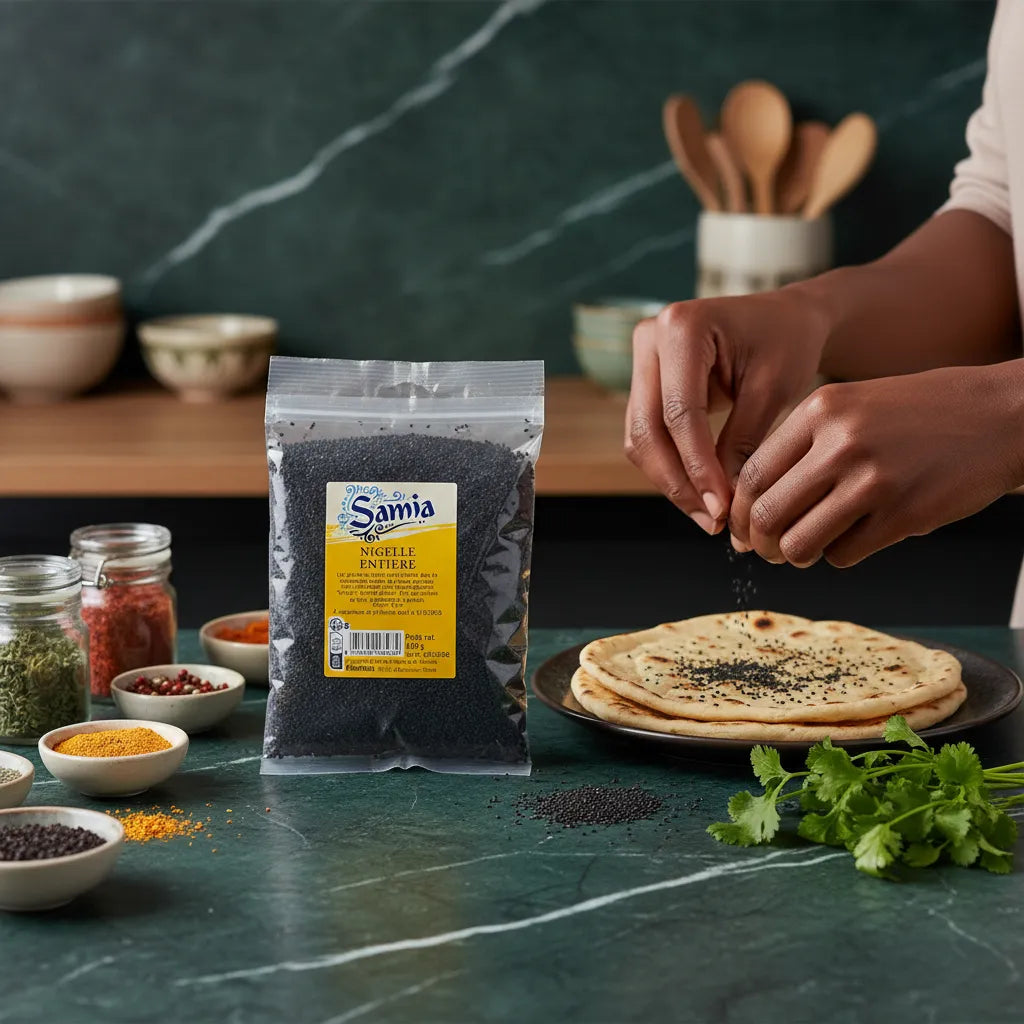 Utilisation culinaire des graines de nigelle SAMIA sur pain plat, parfaites pour rehausser les plats avec un goût poivré et aromatique.