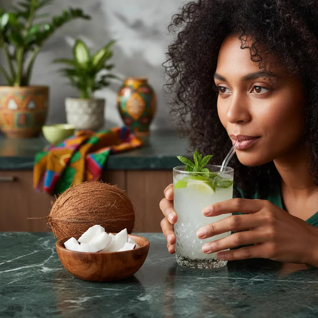 Femme dégustant une boisson à la noix de coco fraîche avec morceaux dans un bol, pour une expérience gustative exotique et naturelle.