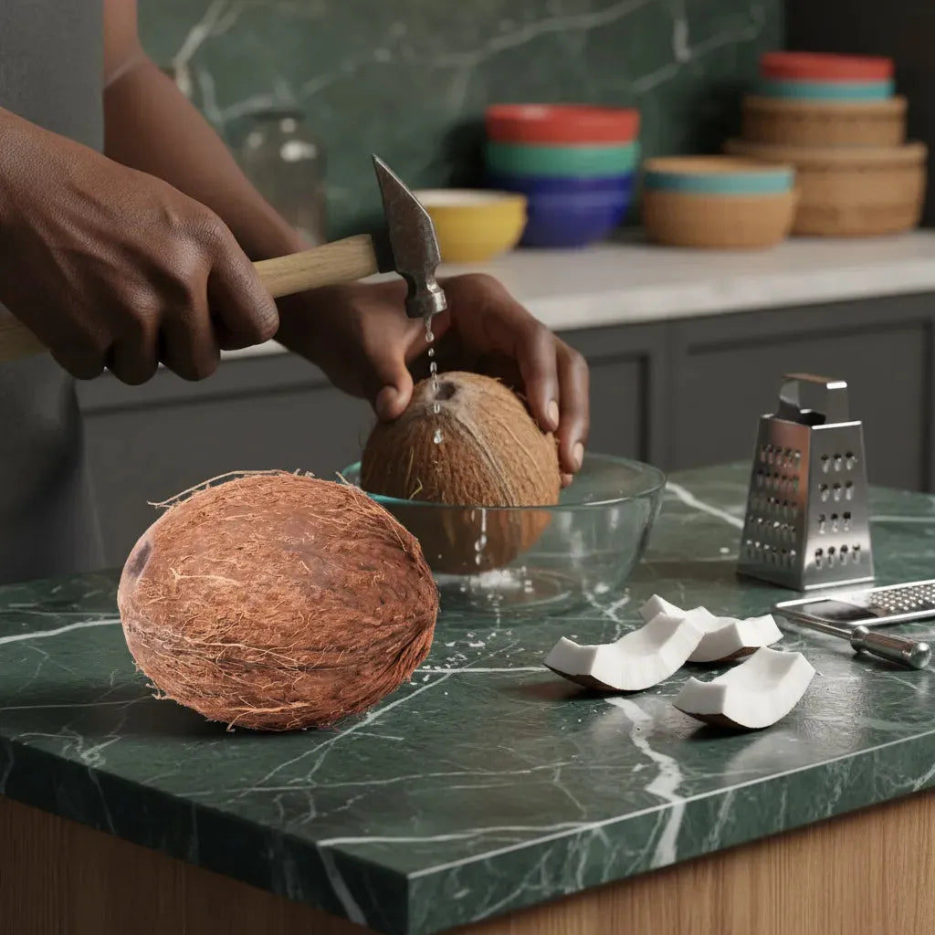 Ouverture d'une noix de coco fraîche avec marteau sur plan de travail, révélant une chair juteuse idéale pour recettes tropicales.