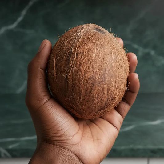 Main tenant une noix de coco fraîche, fruit tropical parfait pour savourer une chair juteuse et une eau désaltérante.