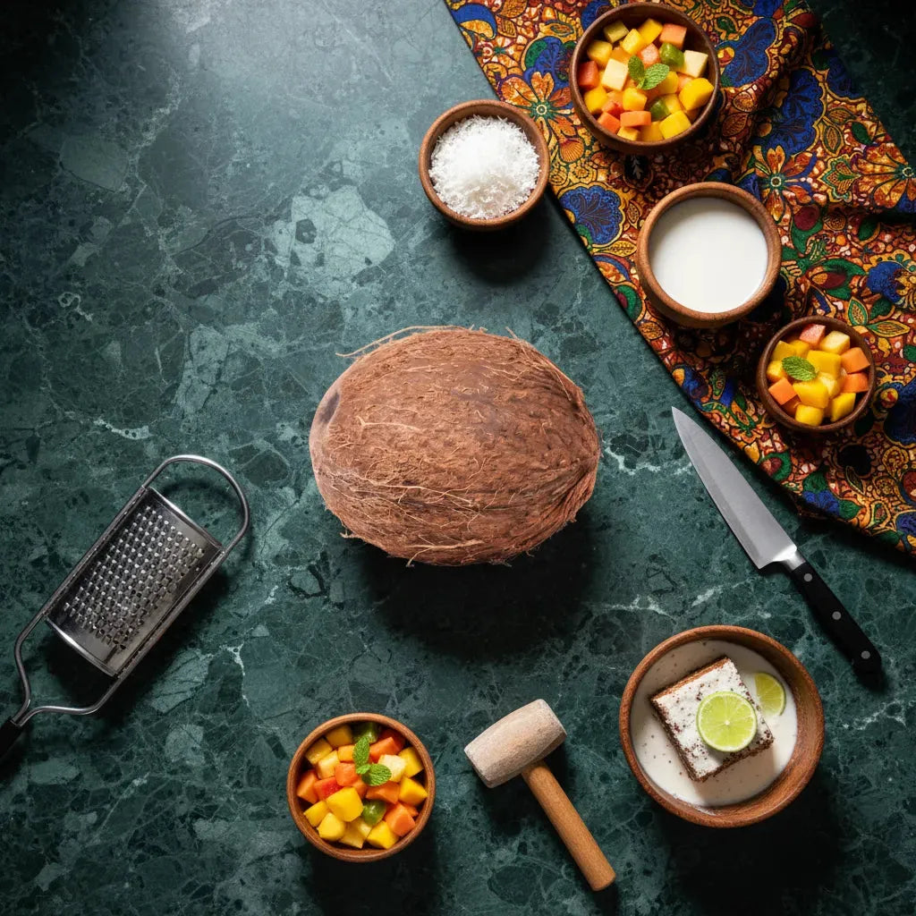 Noix de coco fraîche entourée de fruits exotiques et ustensiles de cuisine, parfaite pour une expérience culinaire authentique.
