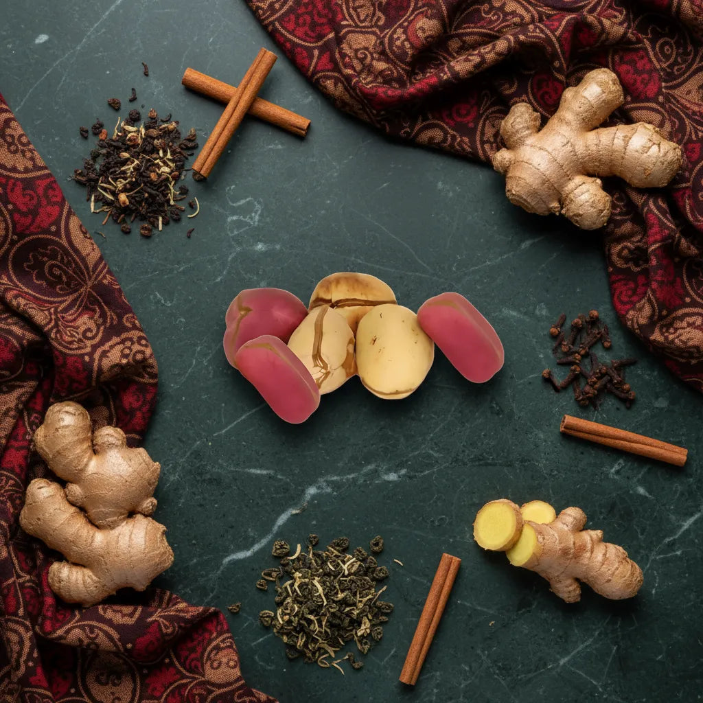 Noix de Cola entourées d’épices comme gingembre, cannelle et clous de girofle, ingrédients clés de la Boisson Cola Rouge au goût pétillant et naturel.