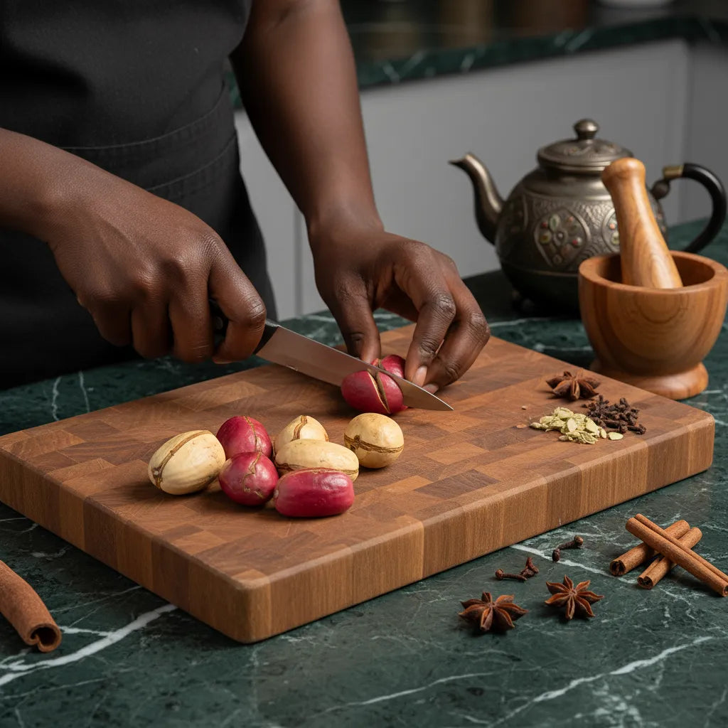 Préparation de la Boisson Cola Rouge avec des noix de cola fraîches coupées sur une planche, entourées d’épices naturelles comme la cannelle et le gingembre.