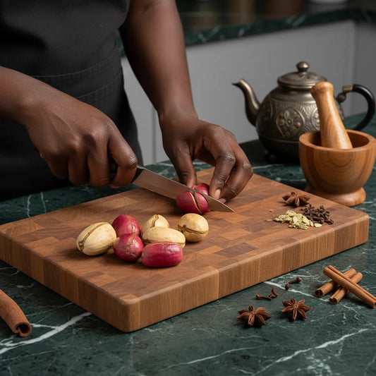 Préparation de la Boisson Cola Rouge avec des noix de cola fraîches coupées sur une planche, entourées d’épices naturelles comme la cannelle et le gingembre.