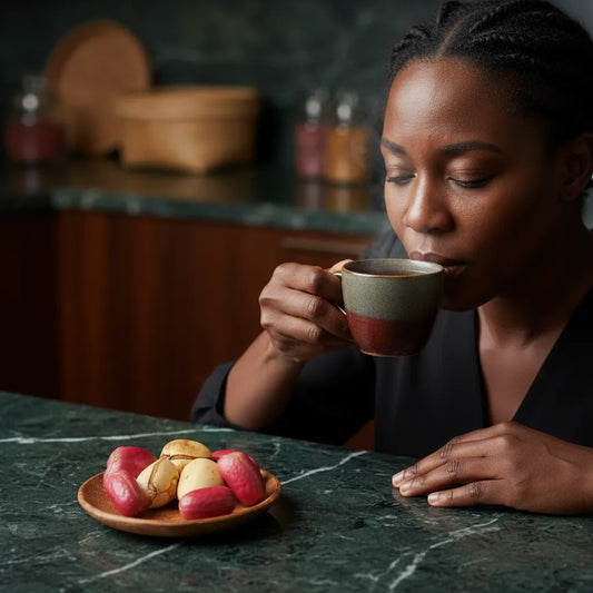 Femme dégustant une tasse de Boisson Cola Rouge, accompagnée de noix de cola fraîches sur une assiette, symbole de goût unique et rafraîchissant.