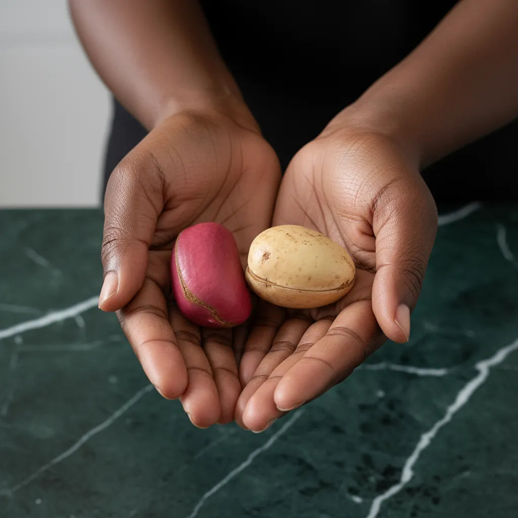 Deux noix de cola, rouge et beige, tenues dans des mains, illustrant l’ingrédient principal de la Boisson Cola Rouge au goût pétillant et naturel.