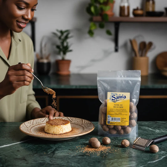 Femme saupoudrant un dessert avec de la noix de muscade SAMIA, épice indonésienne authentique en sachet, posée sur un plan de travail.