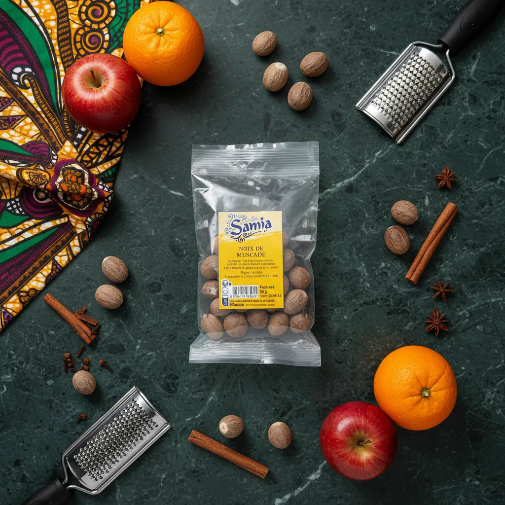 Sachet de noix de muscade SAMIA entouré de fruits, cannelle et râpes, parfait pour assaisonner plats sucrés et salés avec une touche exotique.